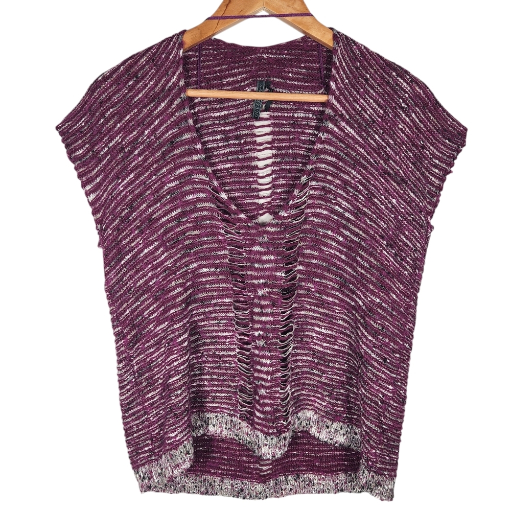 Guess Short Sleeve Cable Knit Sweater Size XS Purple White V Neck
